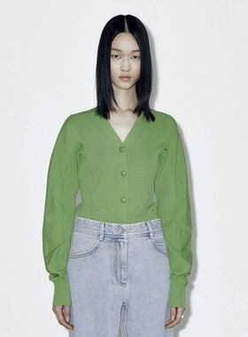 Ryanj韩国小众设计感开衫毛衣草绿色针织衫拼接针织衫短款小个子