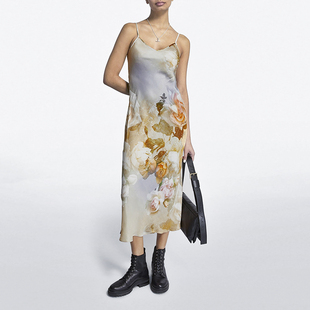 slip 英伦小众设计感连衣裙吊带裙长款 dress复古裙 水墨画花卉