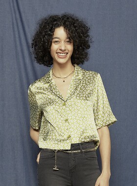 【复古南美风】小碎花衬衫短袖polo领衬衫美式小众设计感草绿色