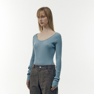 针织衫 紧身衣长袖 U领小众设计师领长袖 露锁骨修身 打底衫 Ryanj法式