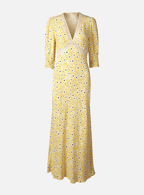 Ryanj法式浪漫长裙度假连衣裙黄色小碎花大v领蕾丝领收腰修身雏菊