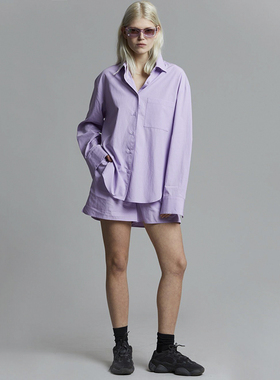Ryanj纽约小众设计感衬衫短裤套装紫色纯棉衬衫oversize慵懒居家