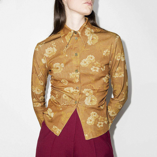 70s复古花衬衫 衬衫 夏匈牙利小众设计感短款 V领长袖 黄 花衬衫