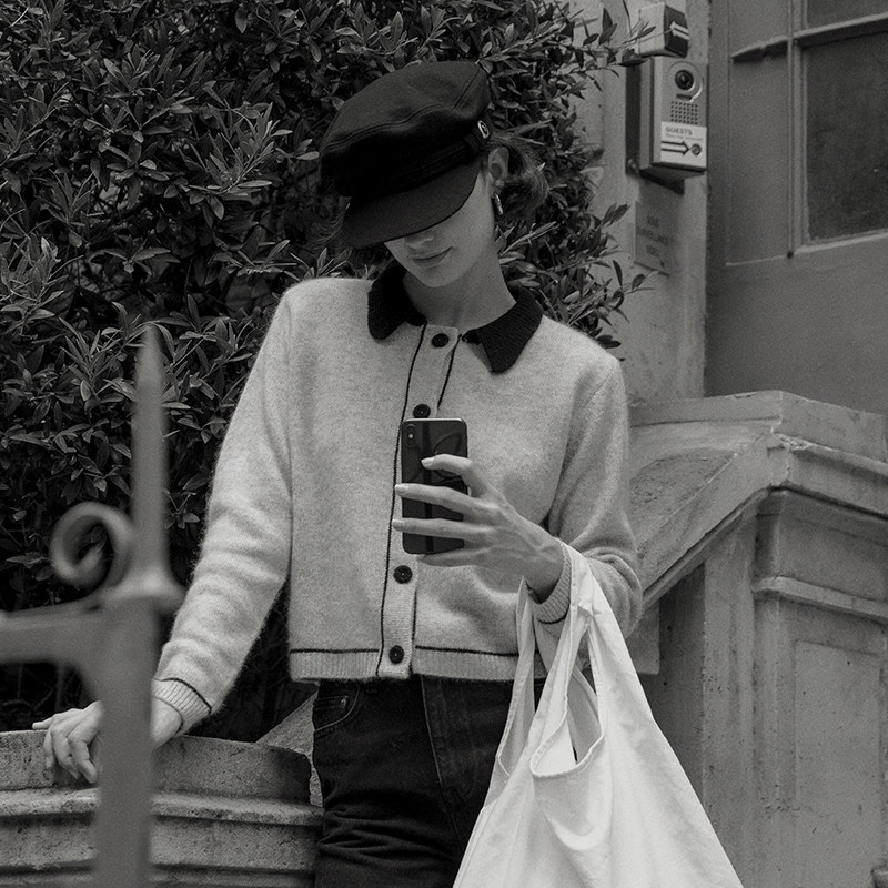 Ryanj韩国小众设计感针织衫学院风polo领毛衣浅灰色撞色毛衣羊毛