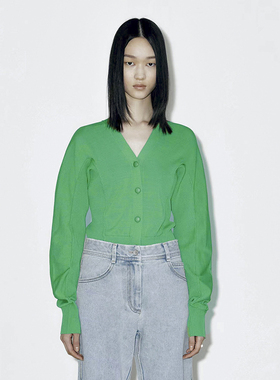 【荧光湖绿】韩国小众设计感开衫毛衣针织衫拼接针织衫短款小个子