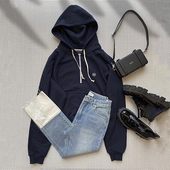 慵懒风连帽套头卫衣 ins韩国休闲半拉链情侣简约logo刺绣帽衫 潮