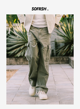 SOFRSH工装长裤美式复古水洗做旧纯棉宽松阔腿裤大口袋休闲裤男