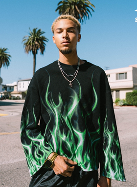 SOFRSH美式高街华夫格卫衣圆领短款宽松火焰印花休闲套头衫秋冬