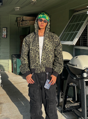 SOFRSH豹纹牛仔外套男美式复古潮流宽松拉链夹克秋冬新款上衣