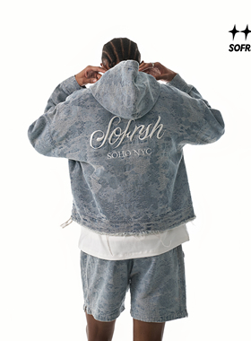 SOFRSH牛仔连帽卫衣男美式复古水洗做旧刺绣局部破坏工艺春秋新款