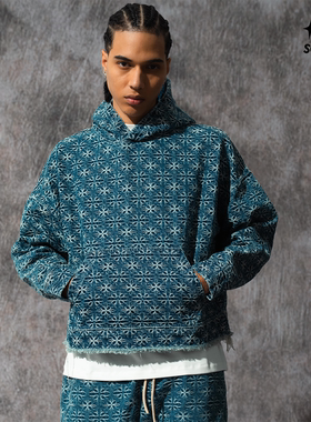 SOFRSH牛仔连帽卫衣美式重磅复古潮牌字母刺绣水洗做旧宽松帽衫