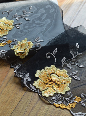 21cm黄色立体刺绣布艺DIY蕾丝花边舞蹈窗帘头巾娃衣服装内衣辅料