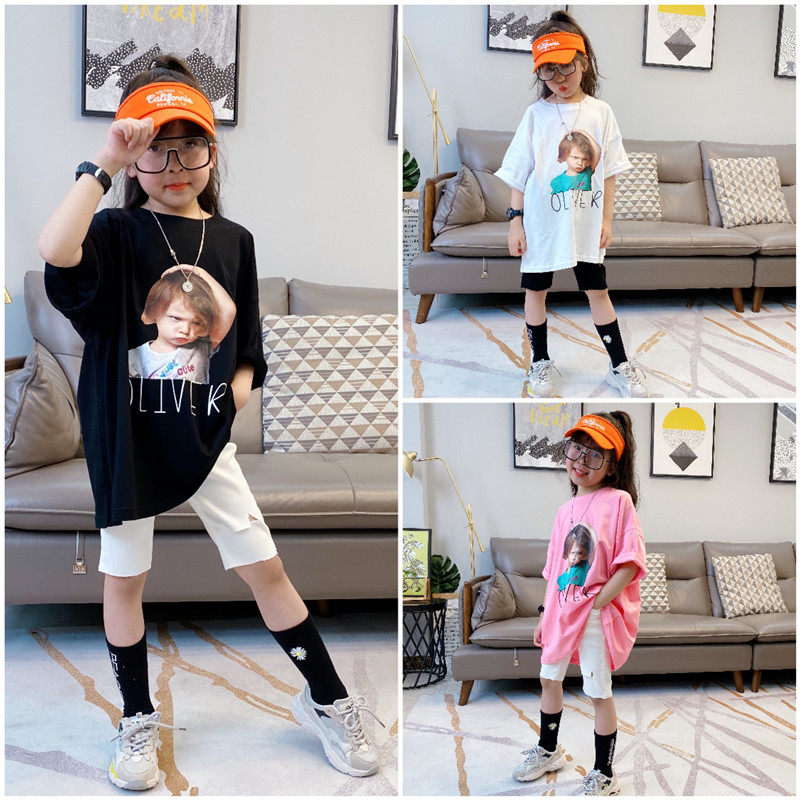 儿童t恤夏季新款女童大版宽松中长款短袖t恤百搭懒人t1095