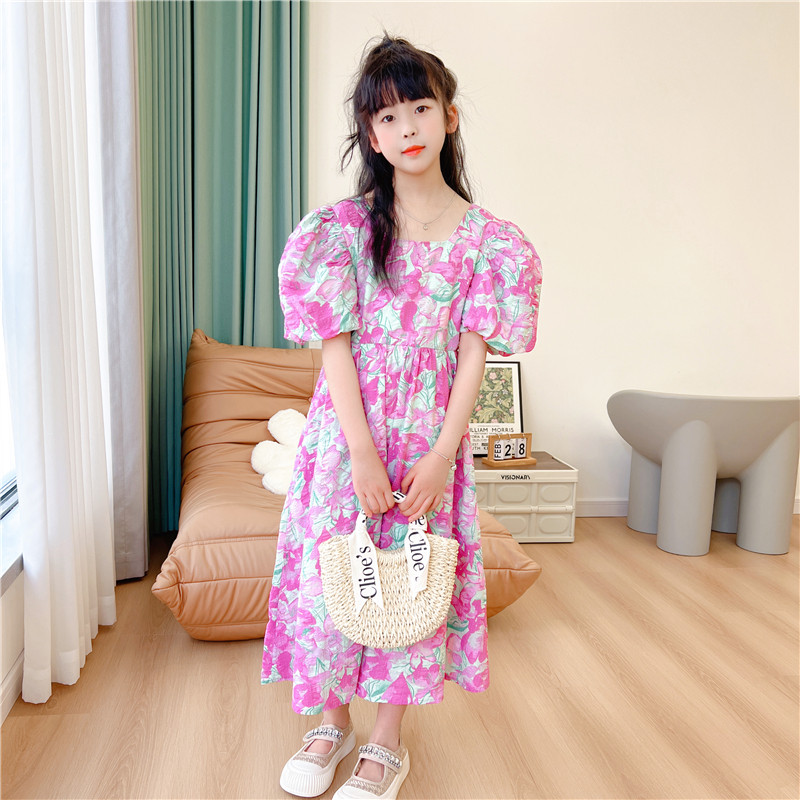 嗨大e小e童装2023夏款女童小清新花色纯棉泡泡袖重工连衣裙9269