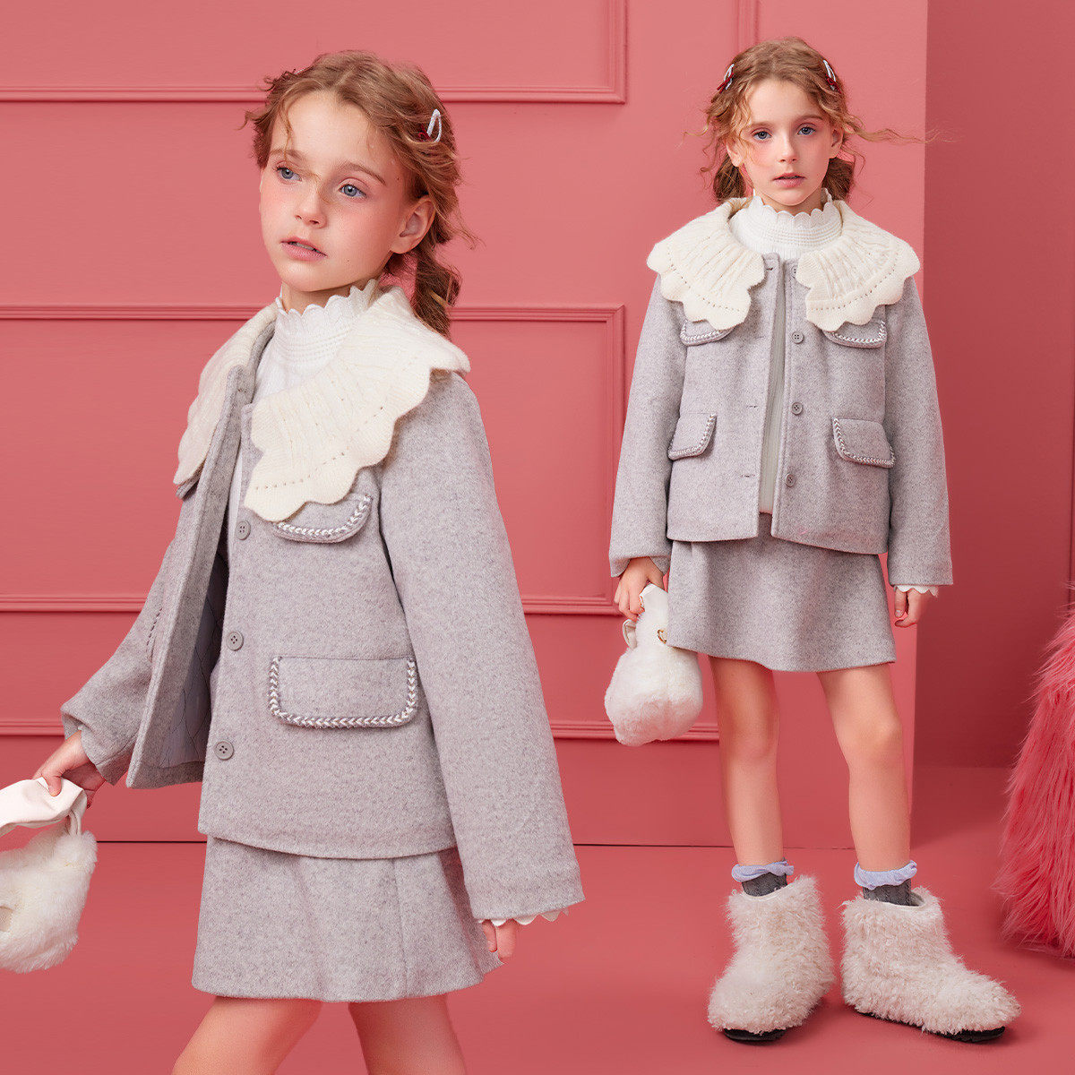 Abckids优雅小香风两件套女童冬季呢子娃娃领外套短裙套装