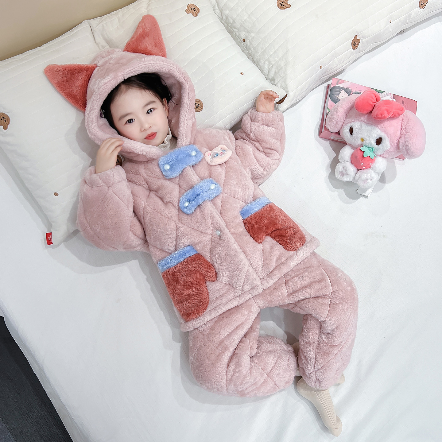 女童三层夹棉睡衣套装冬季2025新