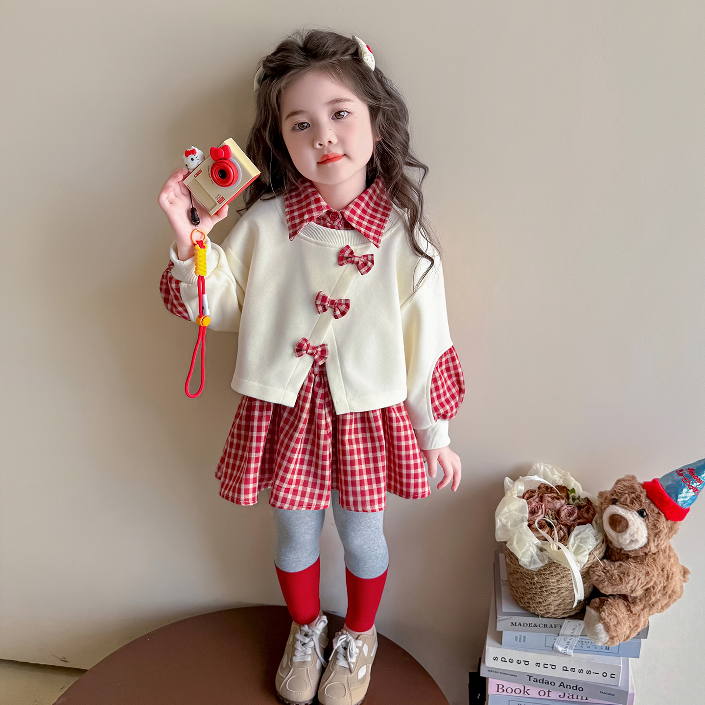 女童春秋季假两件格子衬衫裙套装2025新款时尚女宝宝蝴蝶结秋装潮