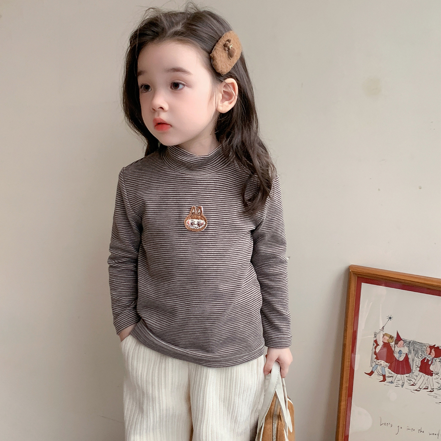女童加绒条纹打底衫秋冬2025新款
