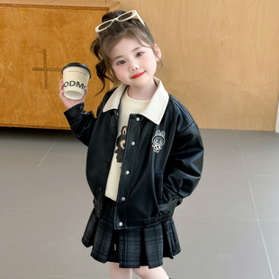 女童2026春秋季新款卡通黑色皮衣套装夹克女宝宝长袖洋气百搭时尚