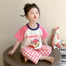 女童夏季睡衣2025新款女宝纯棉格子空调服套装儿童短袖长裤家居服