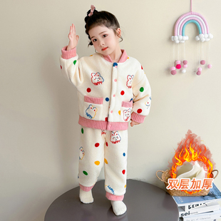 女童珊瑚绒睡衣冬加厚2025新款双层加绒冬装女孩女宝宝儿童家居服