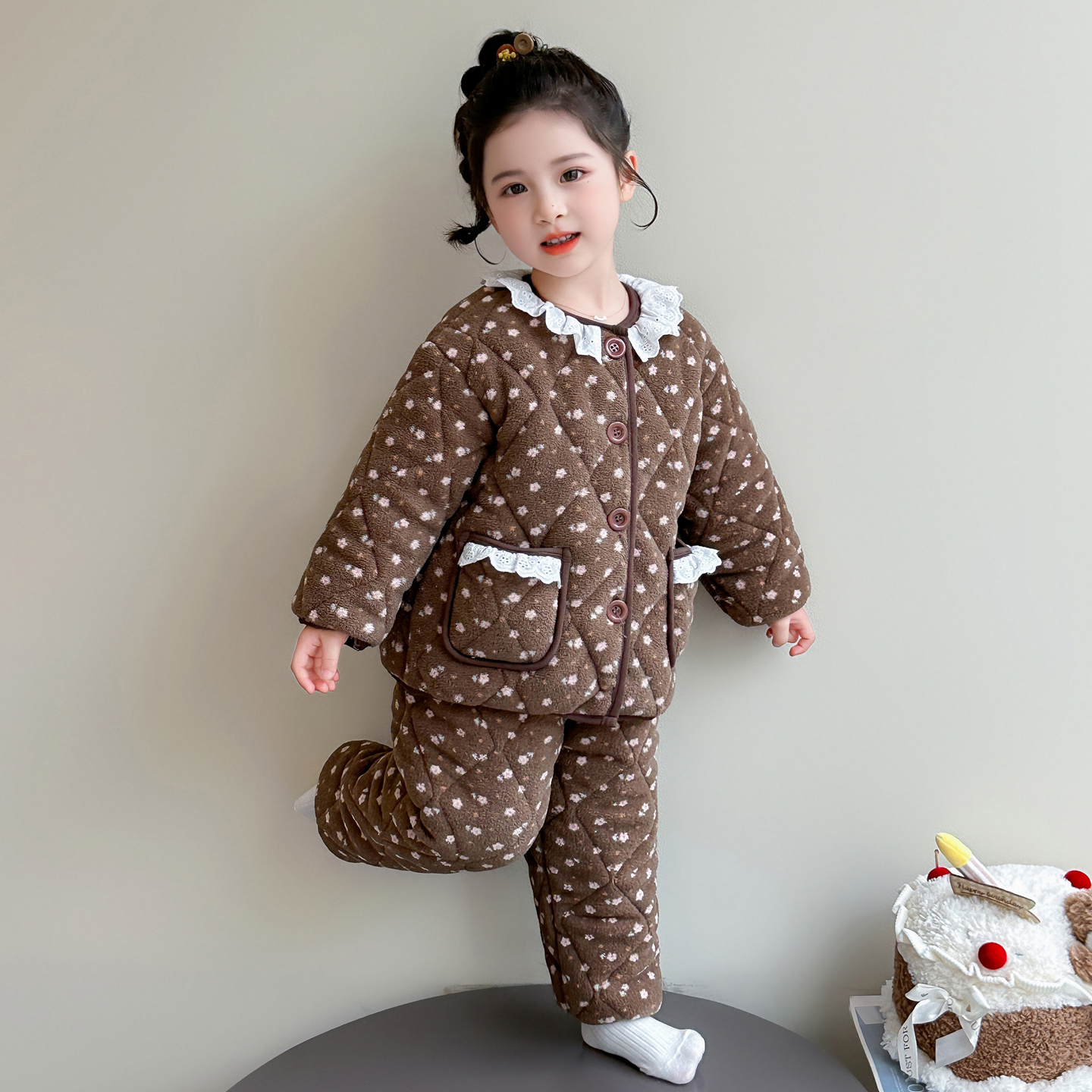 女童睡衣套装冬季三层夹棉保暖新