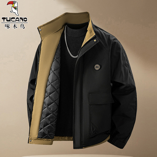 啄木鸟棉衣外套男秋冬2025新款宽松潮流加绒加厚棉服立领夹克上衣