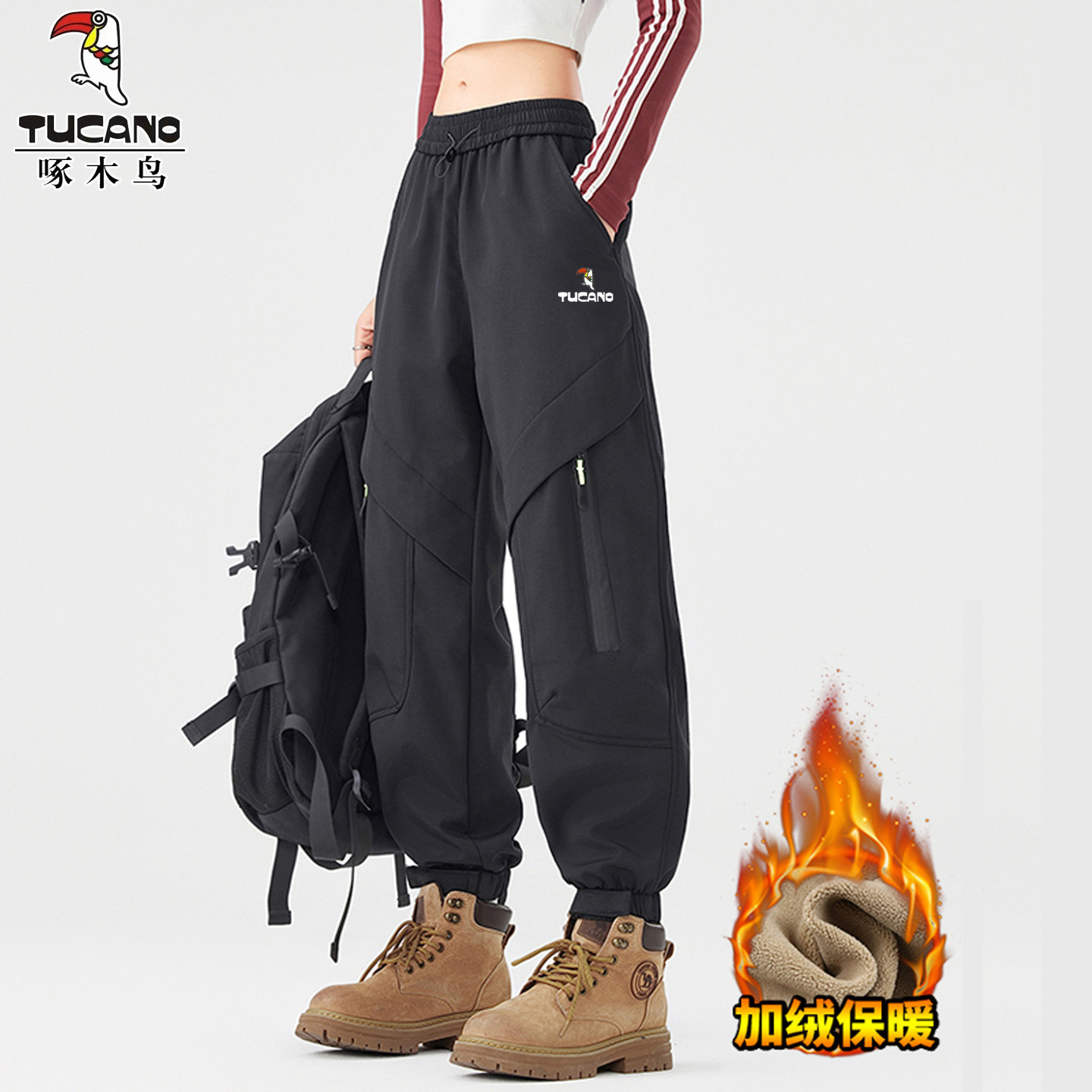 啄木鸟冲锋软壳裤女秋冬防风防水加绒小个子户外束脚登山工装裤男