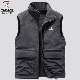 啄木鸟双面穿马甲男士 加绒坎肩背心休闲运动摇粒绒马夹外套 秋冬季