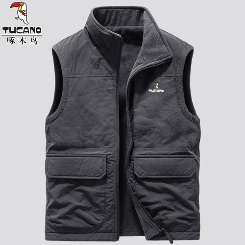 啄木鸟双面穿马甲男加绒坎肩背心