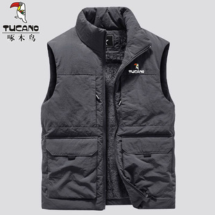 啄木鸟马甲男冬季加绒保暖背心多口袋工装羊羔绒马夹加厚坎肩外套
