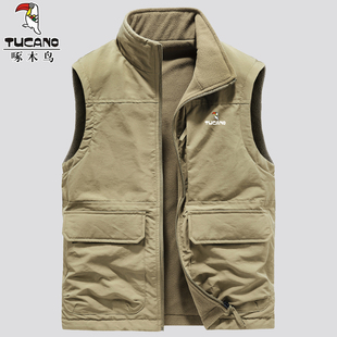 啄木鸟双面穿马甲男秋冬季 背心坎肩摇粒绒外套 加绒多口袋抓绒工装