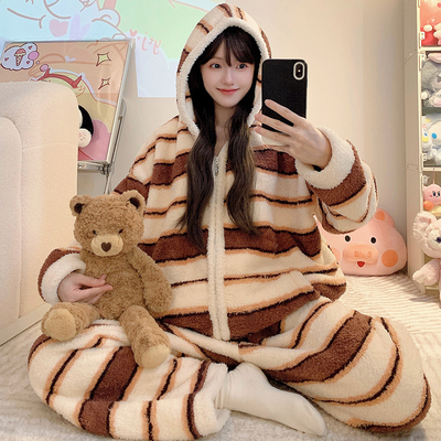 超大码条纹半边绒睡衣女冬季长袖