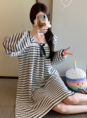 睡裙女士春秋冬季长袖韩版条纹