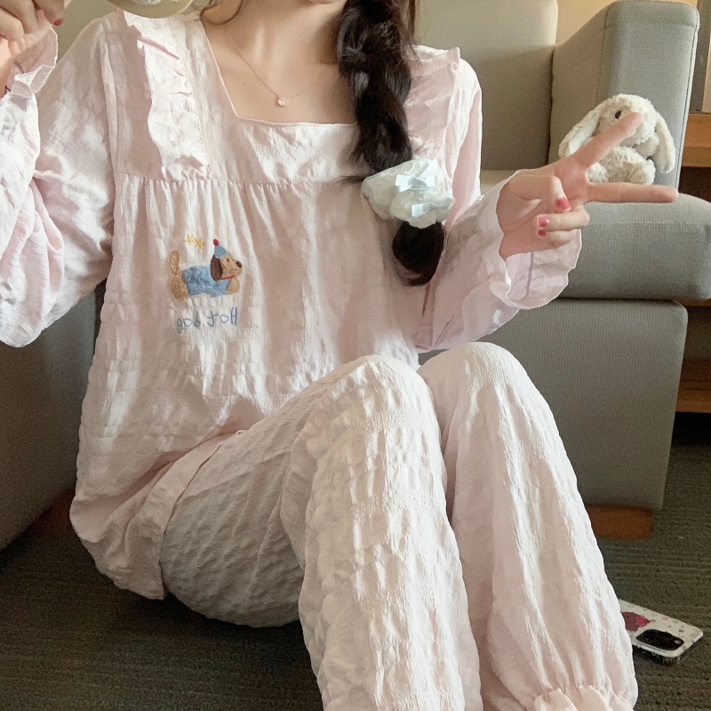 带胸垫睡衣女春秋云朵棉长袖长裤可爱腊肠狗ins风外穿冬季家居服