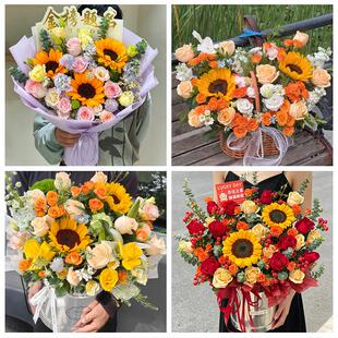 中高考向日葵玫瑰混搭花束送广安市广安区前锋区岳池县同城鲜花店