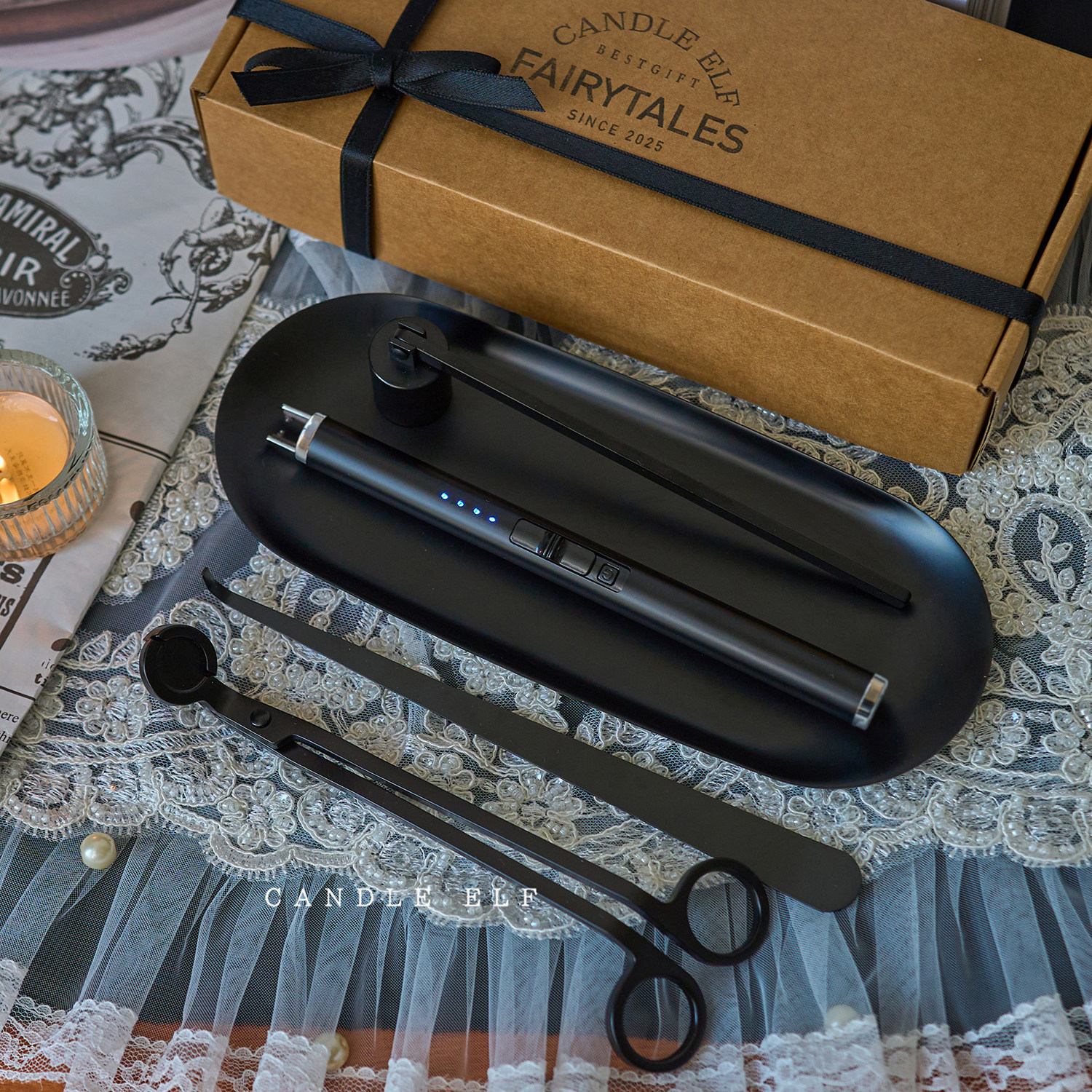 《慵懒甜心》黑色高级点火器钩剪罩套件充电防烫香薰蜡烛工具套装,家居饰品,灭烛剪,淘宝优惠券,粉丝福利购,淘宝优惠卷