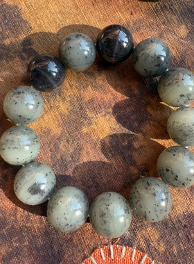 【谢钰儿】新疆和田玉籽料青花墨玉一线天手串15mm 精品
