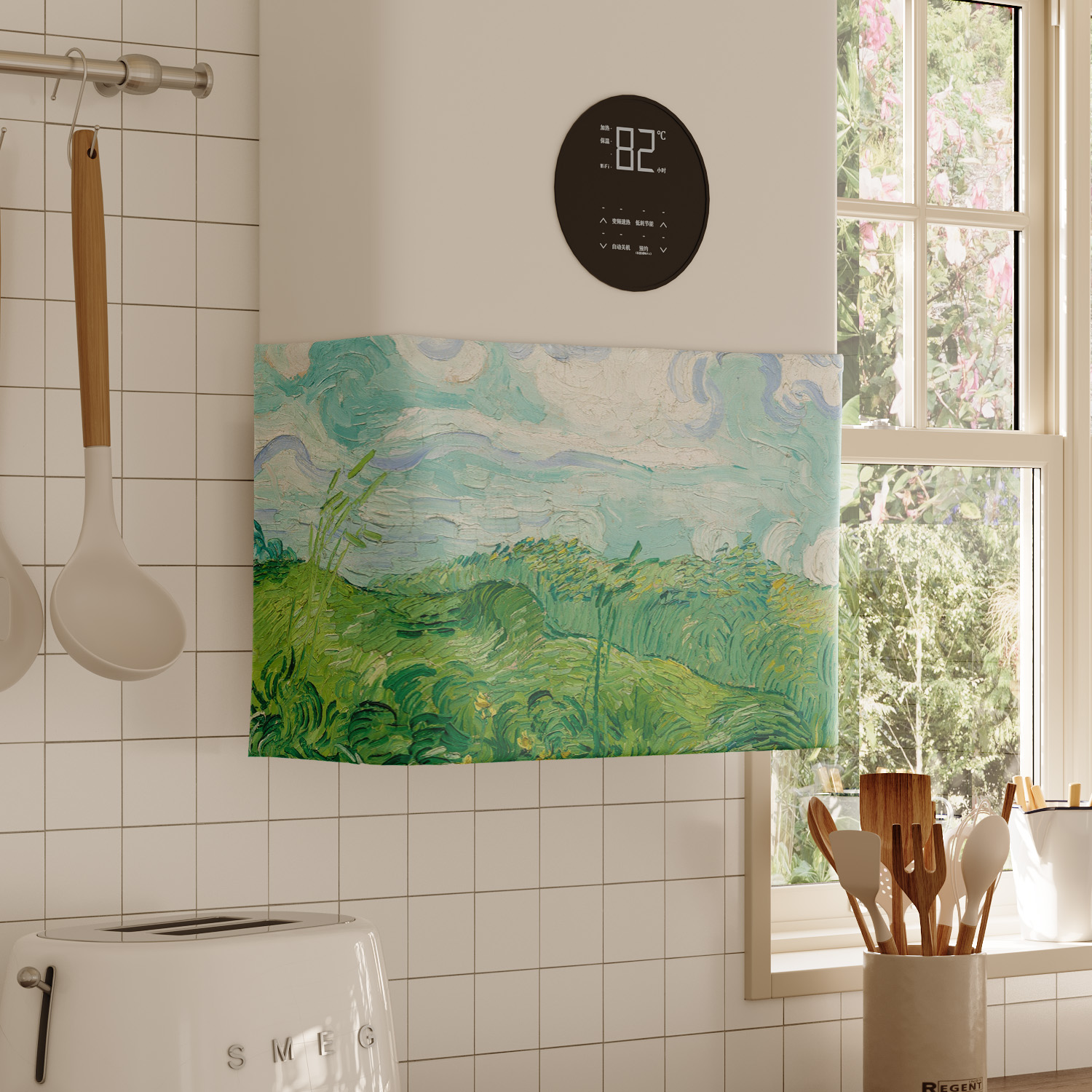 梵高创意风景热水器遮挡帘罩布水管遮丑帘布厨房燃气炉装饰帘魔术