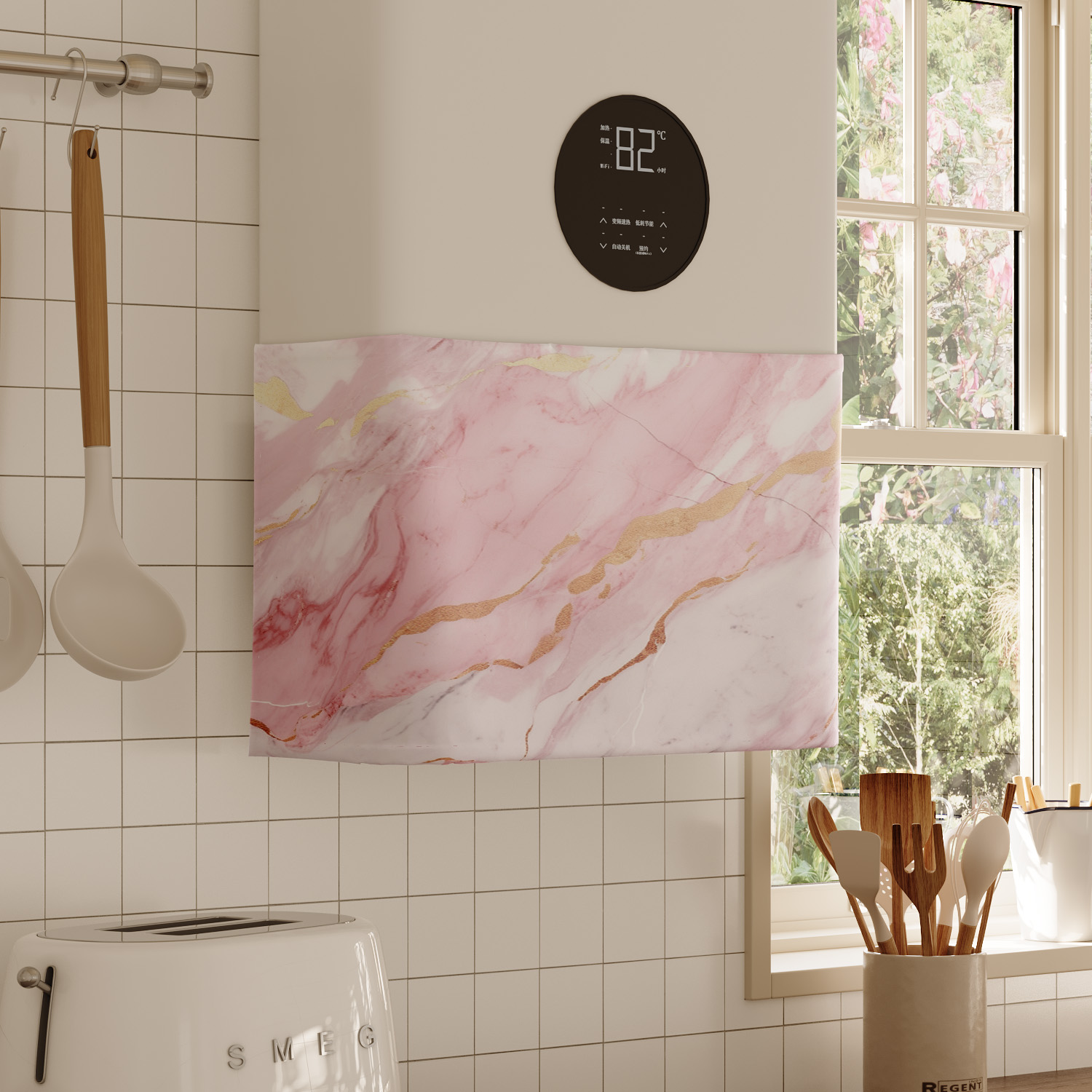 ins大理石极简风热水器遮挡帘水管遮丑帘布厨房燃气炉魔术贴帘