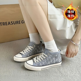 人本加绒帆布鞋女2025秋冬季新款加厚外穿板鞋保暖二棉鞋女冬