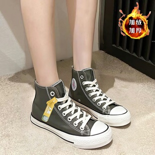 人本加绒高帮帆布鞋女ins学生百搭小白鞋2025新款潮ulzzang板鞋子