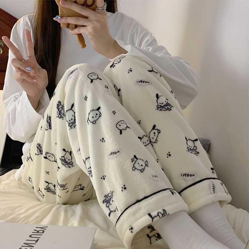 女款冬季加厚法兰绒睡裤休闲居家卡通印花中腰保暖家居裤可外穿