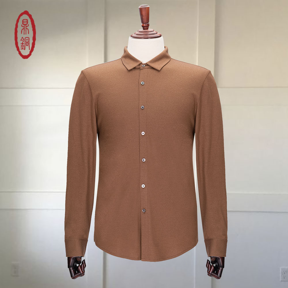 鼎铜纯羊毛长袖衬衫男针织春秋开衫商务休闲黄色中年男式高端新款