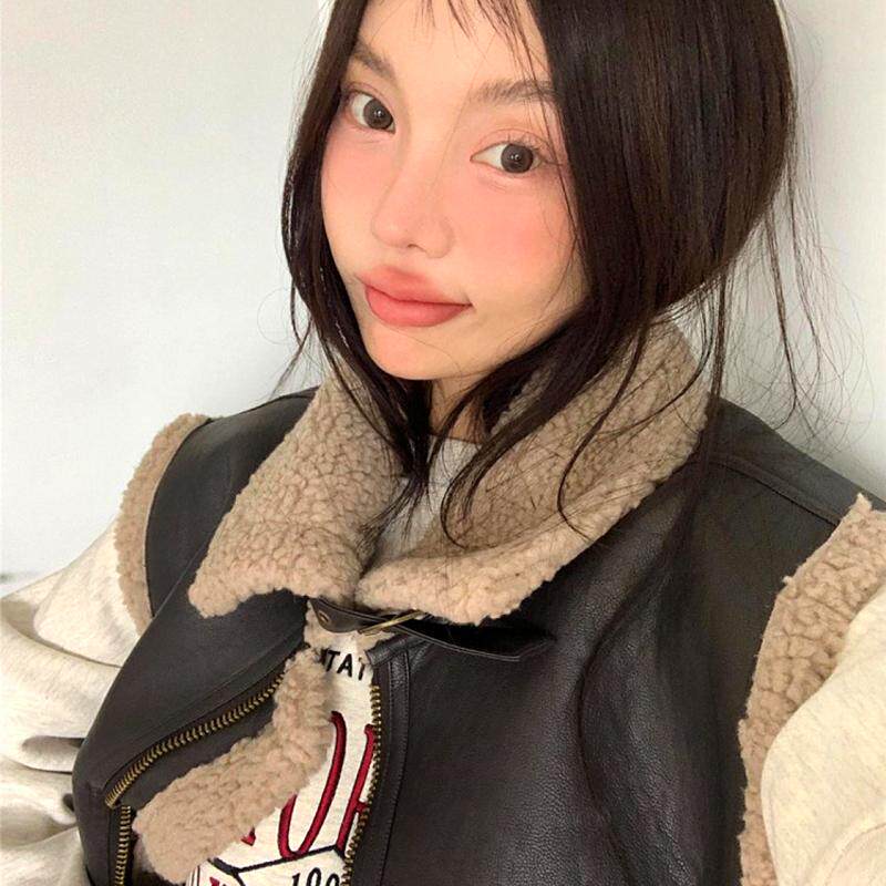 小G韩国代购 秋冬女翻领皮毛一体设计师款飞行员皮马甲背心外套