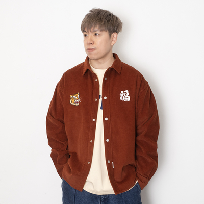 adlib香港2024爆款男士春秋老虎绣花福字灯芯绒长袖纯棉恤衫ST432