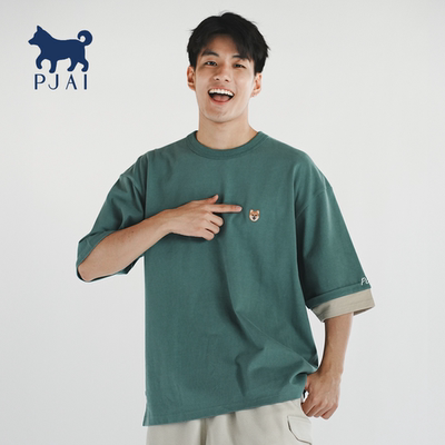 adlib香港 美式潮牌宽松卷袖可爱柴犬P仔绣花纯棉短袖T恤 TP1096