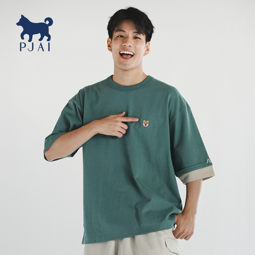 adlib香港 美式潮牌宽松卷袖可爱柴犬P仔绣花纯棉短袖T恤 TP1096