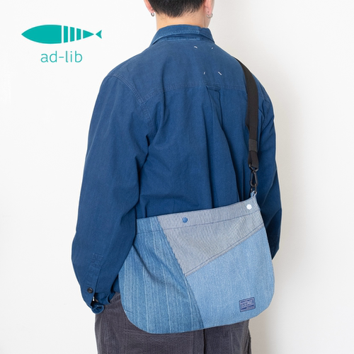adlib香港 潮牌男女牛仔拼布斜肩包袋 布料图案随机裁剪 YB562
