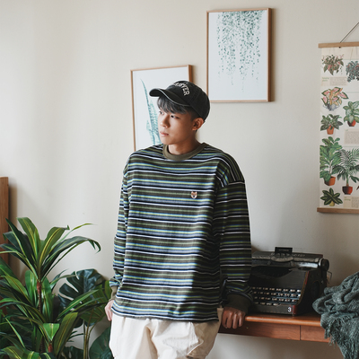 adlib日系复古情侣装长袖条纹T恤